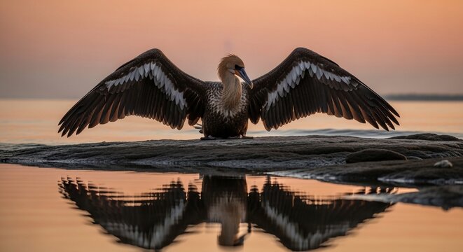 Bird spreading wings reflection