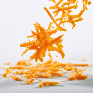 Shredded cheddar cheese falling onto a white surface, with some pieces scattered around.