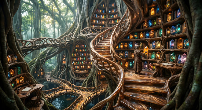 Scholar examining glowing library crystal detail