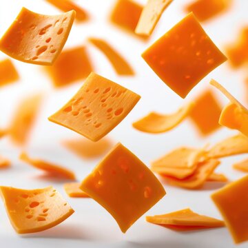 Floating slices of Swiss cheese with holes, showcasing vibrant orange color and smooth texture against a light background.