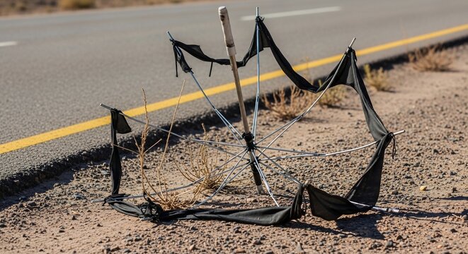 Broken umbrella on roadside
