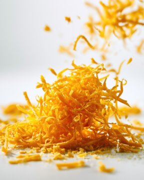 A close-up image of vibrant orange shredded cheddar cheese with a soft-focus background.