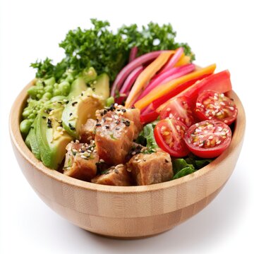 A colorful, healthy poke bowl with fresh vegetables, avocado, and seasoned tofu cubes, served in a wooden bowl on a white background.