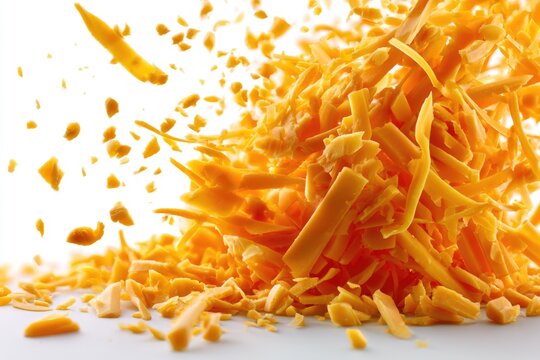 A close-up of finely shredded orange cheddar cheese piled with scattered shreds around it on a white surface.