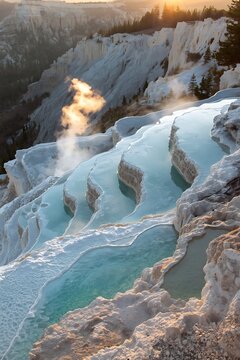 Steaming blue thermal pools cascading down white travertine terrace cliffs