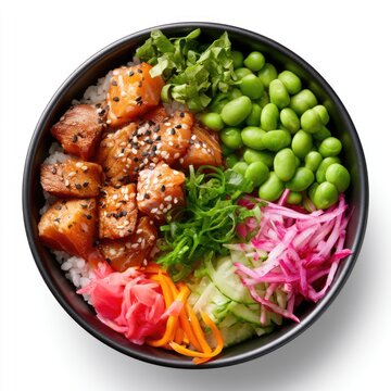 A colorful poke bowl with marinated salmon, edamame, fresh greens, pickled vegetables, and rice, garnished with sesame seeds in a black bowl.