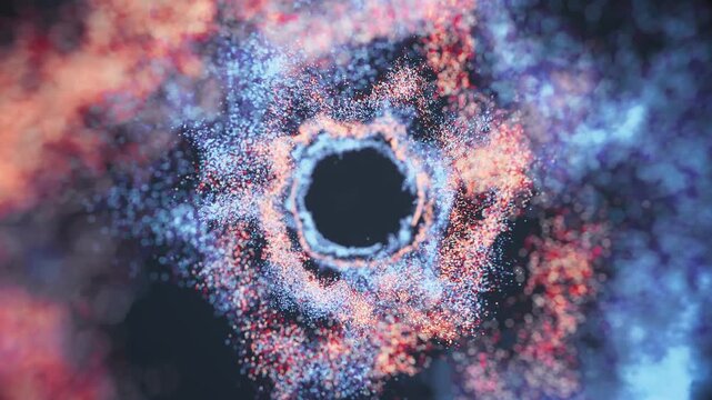 Particle tunnel vortex flythrough pulling through swirling blue, purple, and red dust clouds in a CG animation. Science visualization, space exploration titles, abstract motion backgrounds.