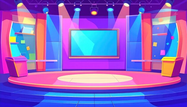 Modern Television Studio Set with Large Screen and Colorful Lighting.