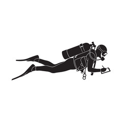 Scuba Diver Swimming Underwater Silhouette Isolated on White Background © Tahmid