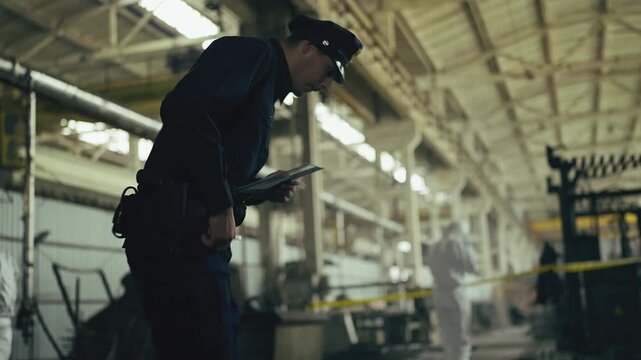 Police officer documenting crime scene log during industrial crime investigation