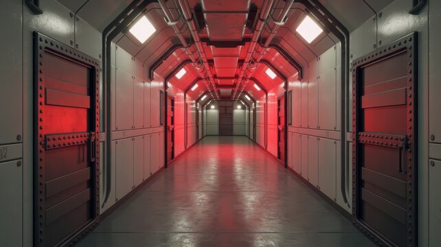 Futuristic corridor with red LED lighting and metallic walls, high-tech sci-fi interior design for space station or spaceship setting