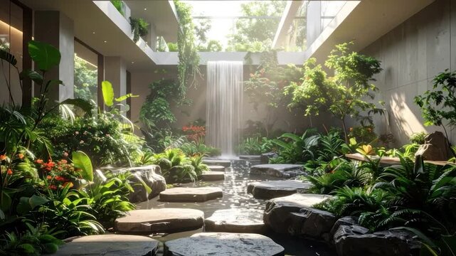 Luxurious indoor garden with waterfall, lush plants, stepping stones, and sunlight