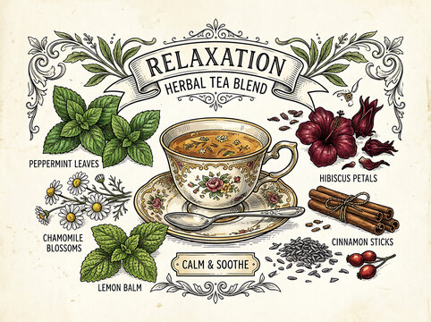 Vintage botanical illustration featuring herbal tea blend ingredients like peppermint, hibiscus, and lemon balm for relaxation and calm
