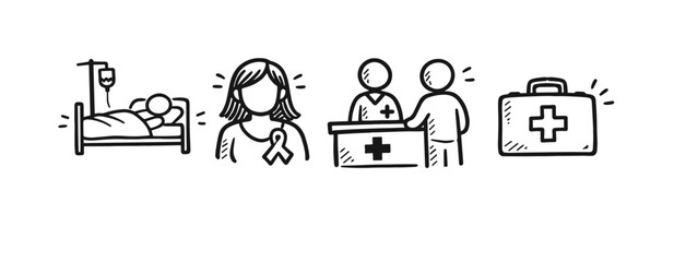 Fototapeta premium Healthcare icons depicting hospital bed, female doctor, medical consultation, first aid kit