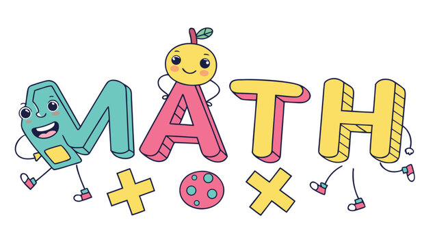 Cute math typography design with character letters and math symbols for kids education poster vector cartoon mathematics banner for learning school subjects with funny faces and icons for children.