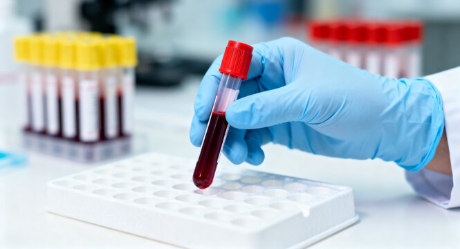 Close-up of a gloved hand holding a blood sample tube in a laboratory, highlighting medical testing and diagnostic procedures for healthcare analysis and research