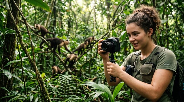 A female wildlife photographer captures animals in the jungle. Her photography showcases ecotourism, nature exploration, and realistic travel adventures.