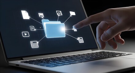 Obraz premium Closeup of a hand touching a digital folder icon on a laptop screen