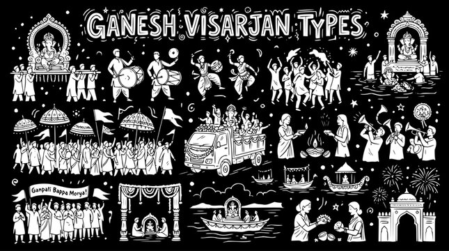 Ganesh Visarjan Indian Festival Types Black and White Line Art. Cultural and Religious Immersion Ceremony Doodles.