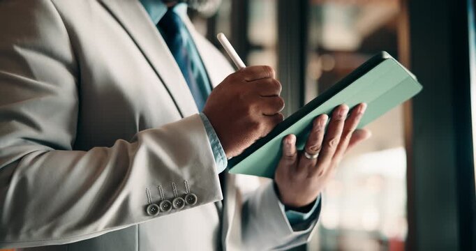 Hands, business and man with tablet in office for research, viewing agenda and real estate. Male person, writing and signature with tech for resale schedule, property listing and auction information