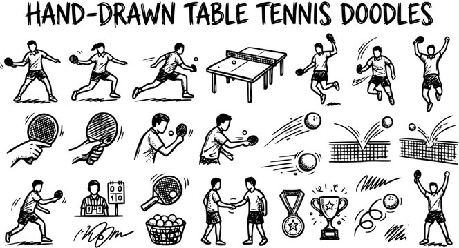 Hand-Drawn Table Tennis Doodles Set with Players, Rackets, Balls, and Sport Equipment in Black  White Sketch Style for Ping Pong Events
