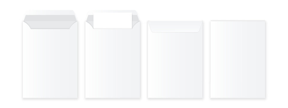 Realistic white business envelope mockup set with open, closed and insert card variations. Minimal stationery templates isolated on soft gray background