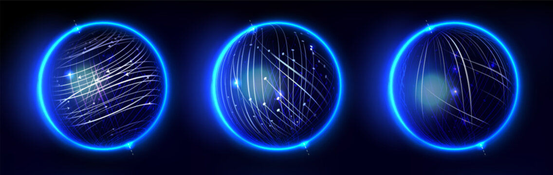 Realistic set of neon planets with arrow network isolated on black background. Vector illustration of abstract futuristic spheres with connected data points and direction signs, modern technology