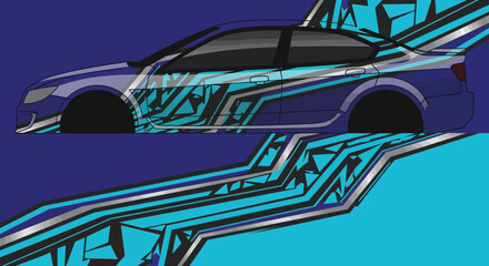 Sport Car Vinyl Wrap Graphic Design with Abstract Blue Geometric Patterns © Iphotis