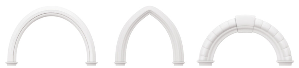 Fototapeta premium Ancient greek arch gates, 3d realistic vector buildings elements isolated on background. White marble door frames, stone archway for palace, classical architecture temple entrance, roman molding