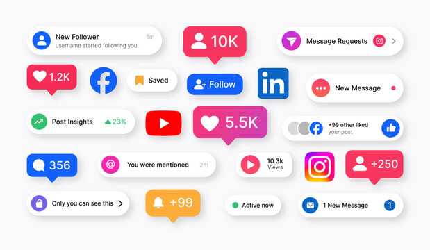 Instagram, Facebook, linkedin, youtube social media notification UI kit featuring follower alerts, message requests, engagement popups and social network mobile notification widgets.