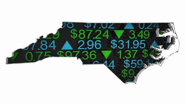 North Carolina NC State Map Stock Market Ticker Economic Growth Investment Financial Outlook 3d Animation