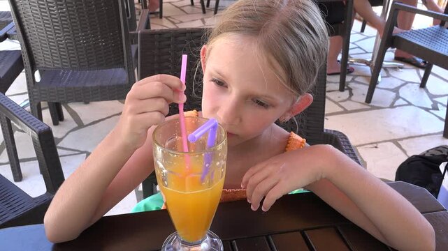 Child Drinking Orange Juice at Restaurant, Kid Portrait at Bar, Girl at Terrace