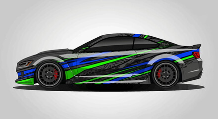 Fototapeta premium Sports Car Side View with Abstract Racing Vinyl Wrap Design