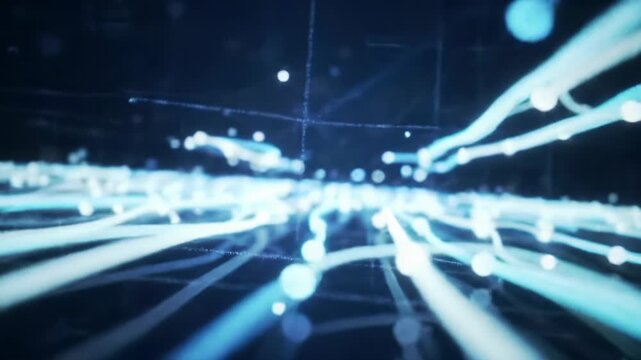 Luminous nodes connect, flowing data lines, pulsing neural pathways in abstract digital network, CGI, clean grid. Concept of vast, intelligent, future-forward digital capabilities