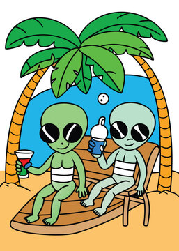 Two cartoon aliens lounging on beach chairs, holding colorful drinks, under palm trees and near ocean waves, enjoying a serene summer getaway.