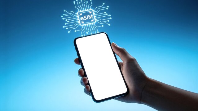 Hand holding smartphone with eSIM graphic