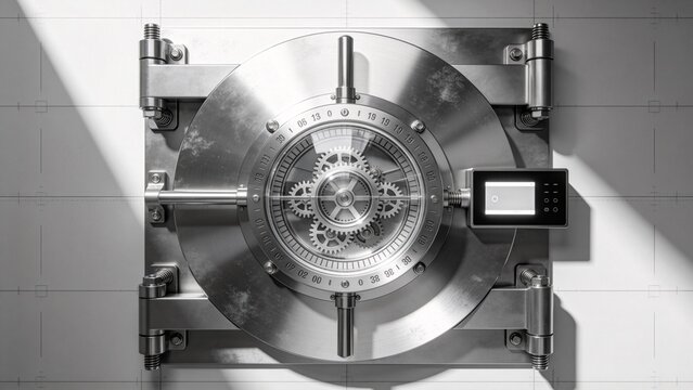 Large metallic safe door with combination lock