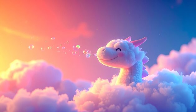 Whimsical Cloud Dragon Blowing Bubbles in Dreamy Sky