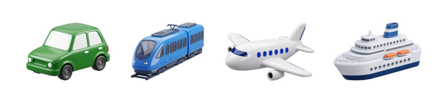 Collection of 3d isometric transport vehicles, green car, train, airplane and ship isolated on transparent png background
