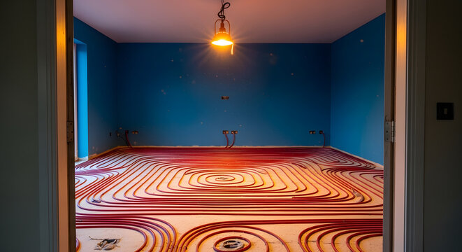 Underfloor Heating System Installation with Red PEX Pipes | Radiant Floor Heat Technology for Home Renovation | Modern Energy Efficient HVAC Solution | Interior Construction and Plumbing Work