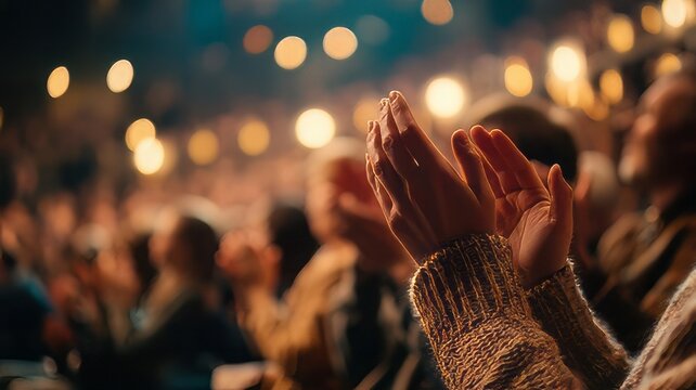Audience clapping their hands enthusiastically during a performance at a theatre or event