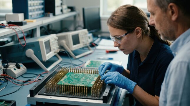Closeup medium shot of engineers using a bedofnails fixture for automated electrical bare board testing ensuring all circuits are properly connected.