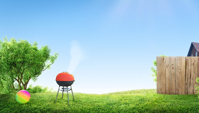 Backyard barbecue scene with grill on grassy hills