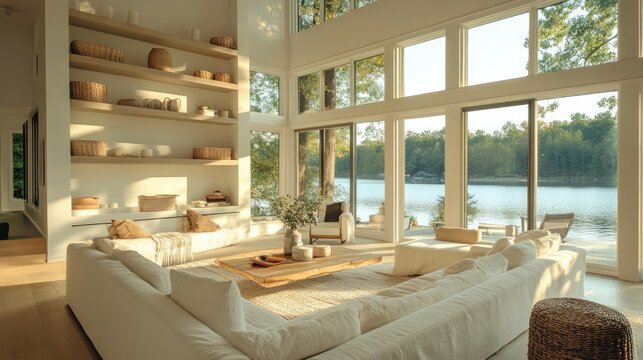 Spacious modern living room with large windows overlooking a lak