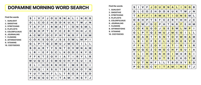 Word search puzzle featuring dopamine-related terms for morning activity  