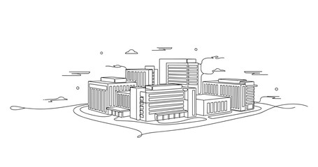 Naklejka premium City buildings clustered on island in minimal line illustration. No editable stroke