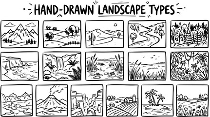 Obraz premium Hand-Drawn Landscape Types Black and White Line Art Collection for Nature, Environment, Geography, and Educational Content