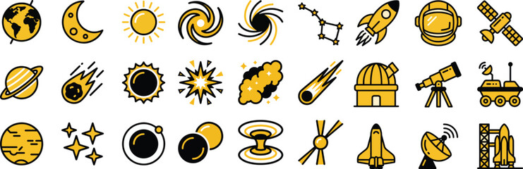 Astronomy Black and Yellow Duotone Line Icon Set - Flat Vector Space Planet, Earth, Moon, Sun, Galaxy, Rocket, Astronaut, and Alien Outline Signs © Hanzala's vectors 