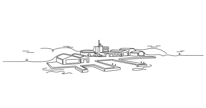 Coastal harbor complex with docks in waterfront setting. No editable stroke