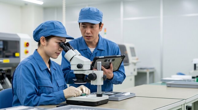 製造業の品質管理部門で実体顕微鏡を使った精密作業のOJTを受ける若手女性と指導する男性